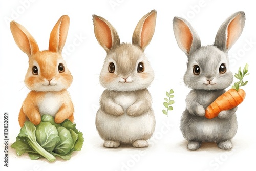 Three cute rabbits, one with lettuce, one with a carrot, and one with no food.