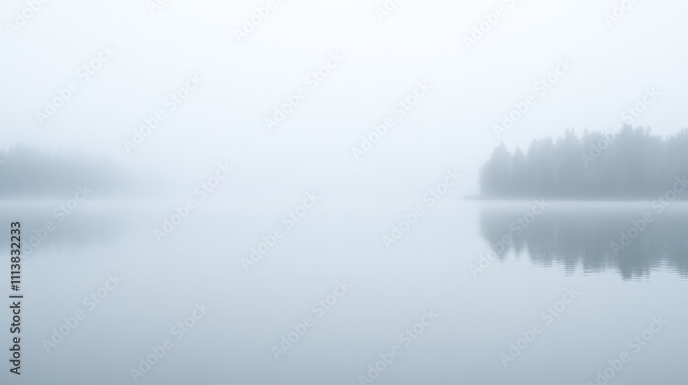 Fototapeta premium Misty Lakeside Serenity - A Tranquil Landscape in the Fog