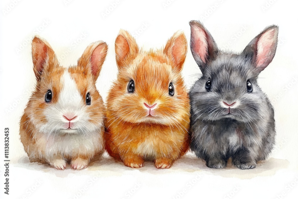 Obraz premium Three cute, fluffy rabbits in a row, showcasing their distinct colors and expressions.