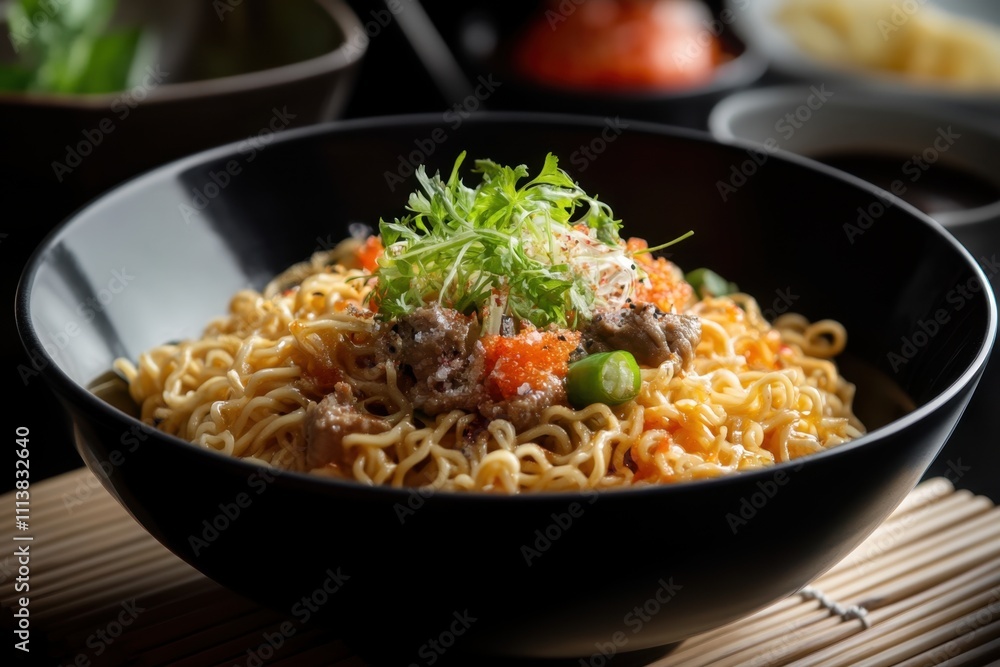 Indulging in instant noodle delights at an elegant restaurant setting gourmet cuisine indoor ambiance upscale dining experience for food lovers Indulging in instant noodle delights at an elegant restaurant setting gourmet cuisine indoor ambiance upscale dining experience for food lovers