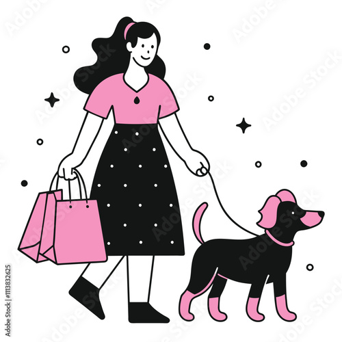 Woman with Shopping Bags and Dog on a Stroll