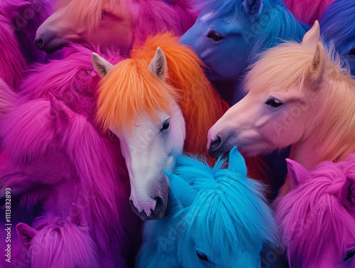 Group of vivid horses blending in a pastel palette photo