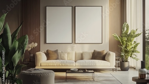 Fototapeta Naklejka Na Ścianę i Meble -  mock up living room, two large vertical picture frame on the wall ar 2:1 above a modern elegant sofa, ultra-realistic, Photography, Megapixel