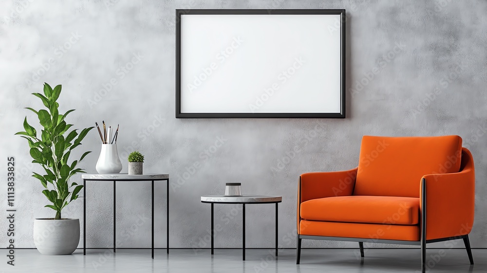 Mock up room, large landscape ar 16:9 picture frame on the wall with an isolated orange chair, coffee tables and a plant Mock up room, large landscape ar 16:9 picture frame on the wall with an isolated orange chair, coffee tables and a plant