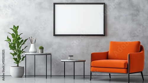 Fototapeta Naklejka Na Ścianę i Meble -  Mock up room,  large landscape ar 16:9 picture frame on the wall with an isolated orange chair, coffee tables and a plant