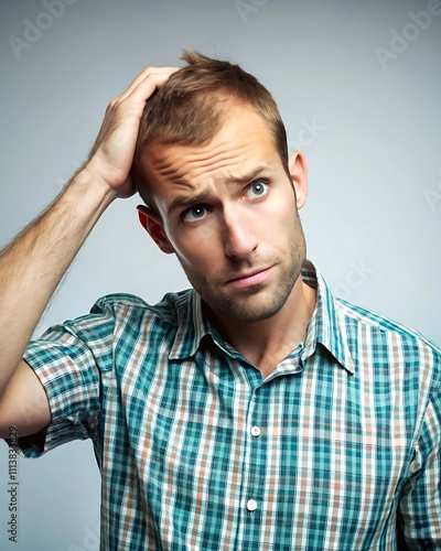 Thoughtful male model scratching head while pondering ideas in casual modern studio. Stylish young man reflecting with hand on head in relaxed indoor setting. 