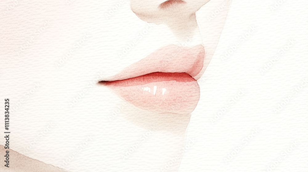 Fototapeta premium A close-up watercolor painting of a pair of lips, showcasing soft pink tones and a smooth texture against a light background.