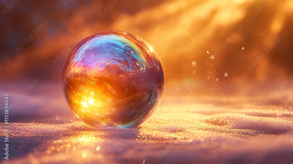A semi-transparent orb emitting a soft glow with refracted rainbow-like light patterns and floating dust particles in the background A semi-transparent orb emitting a soft glow with refracted rainbow-like light patterns and floating dust particles in the background