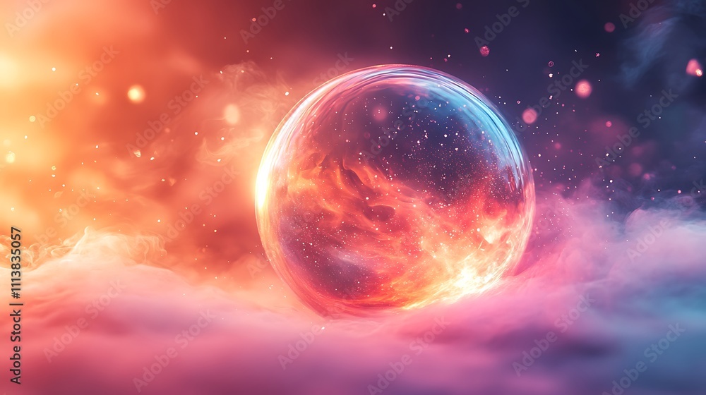 A semi-transparent orb emitting a soft glow with refracted rainbow-like light patterns and floating dust particles in the background A semi-transparent orb emitting a soft glow with refracted rainbow-like light patterns and floating dust particles in the background