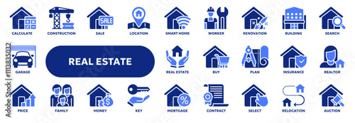 Set of vector line icons related to real estate and rent, construction, purchasing and selling a home. Symbols for website or app ui, logo design, illustration