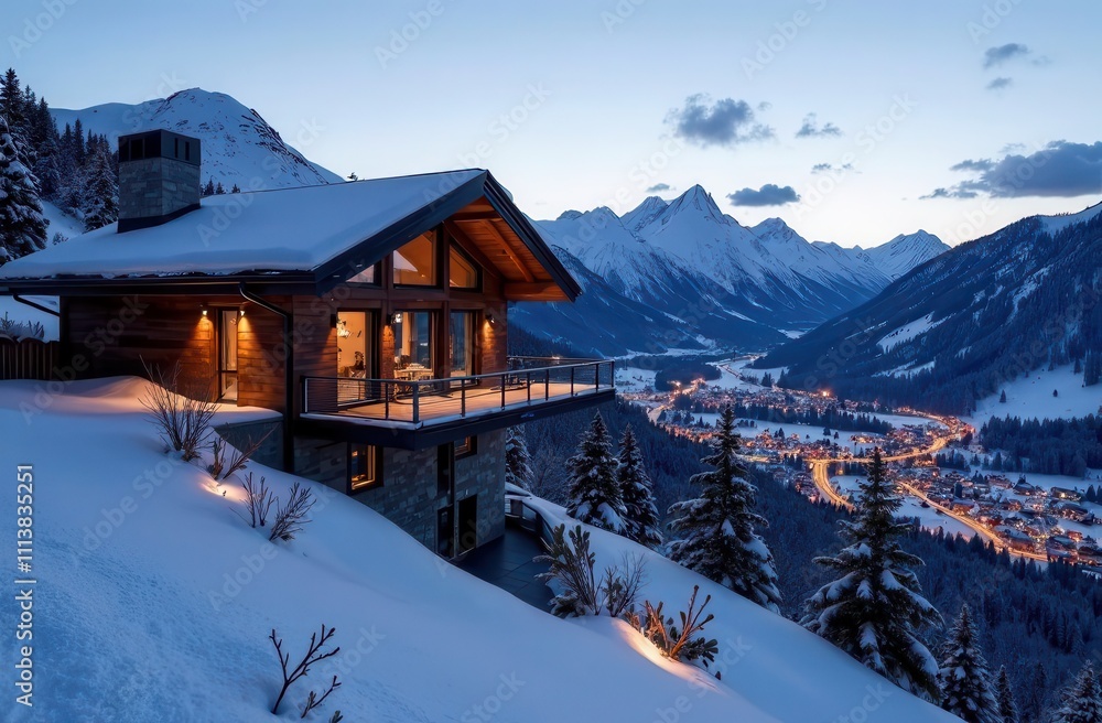 Fototapeta premium Contemporary alpine lodge with panoramic snow views and village lights
