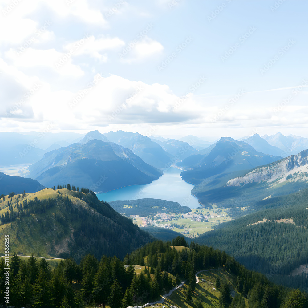View of heart shape with mountains and lake landscape View of heart shape with mountains and lake landscape