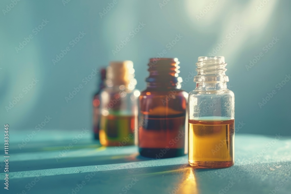 Various essential oil bottles on blue background aromatherapy concept. Various essential oil bottles on blue background aromatherapy concept.