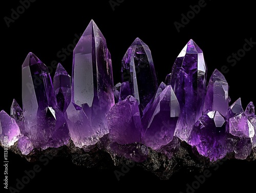 purple crystals grow from the bottom, empty black background photo