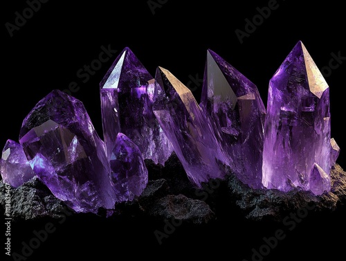 purple crystals grow from the bottom, empty black background photo