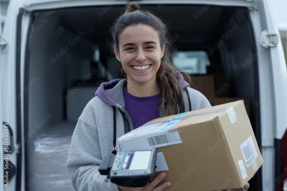 Portrait of delivery spanish woman with barcode reader holding packages in front white delivery van Portrait of delivery spanish woman with barcode reader holding packages in front white delivery van