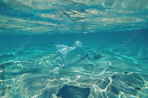 Plastic pollution   A discarded plastic bag floats in a clear  blue water  tropical ocean photo