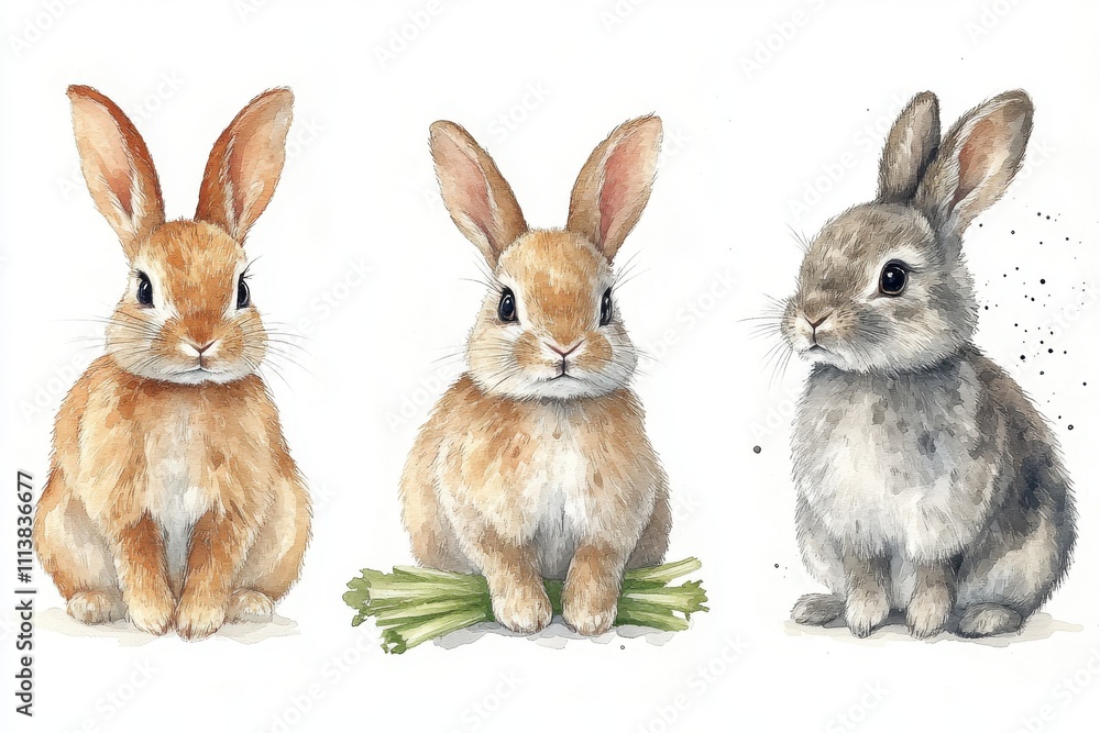 Fototapeta premium Three watercolor rabbits in various poses, showcasing their charm and character.