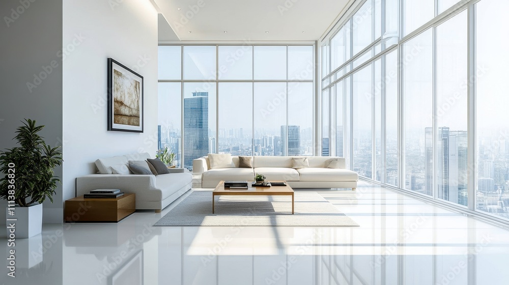 Fototapeta premium Stunning Panoramic City Skyline Views from Bright and Spacious Living Room