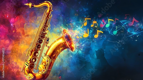 An illustration of a colorful, abstract saxophone with a flow of musical notes on a black background, copy space for text