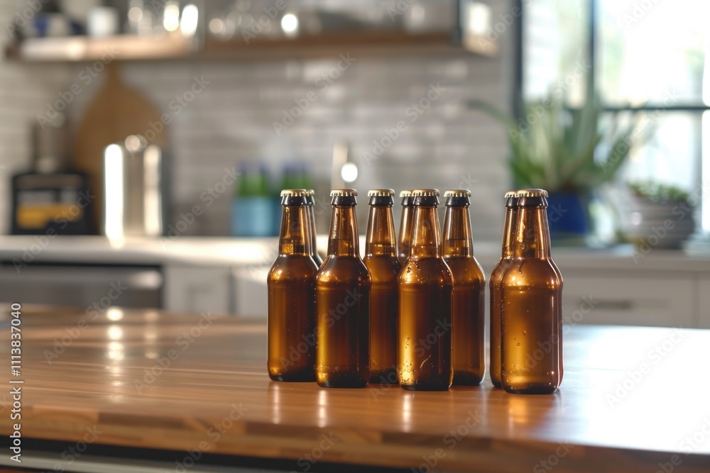 Six pack of brown beer bottles on kitchen counter Six pack of brown beer bottles on kitchen counter