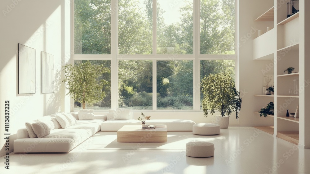 Serene and Spacious Living Room with Large Windows Overlooking Nature Serene and Spacious Living Room with Large Windows Overlooking Nature