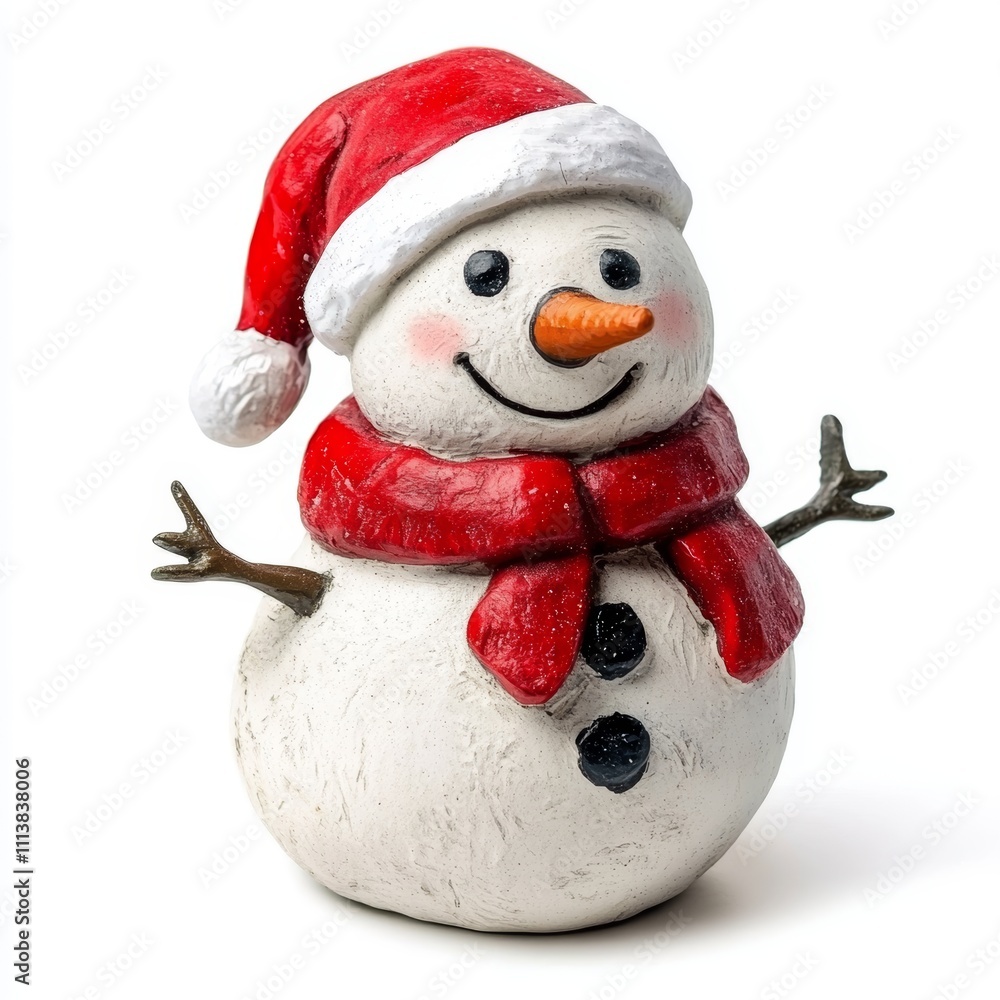 snowman wearing Santa hat and red scarf, isolated on white background snowman wearing Santa hat and red scarf, isolated on white background