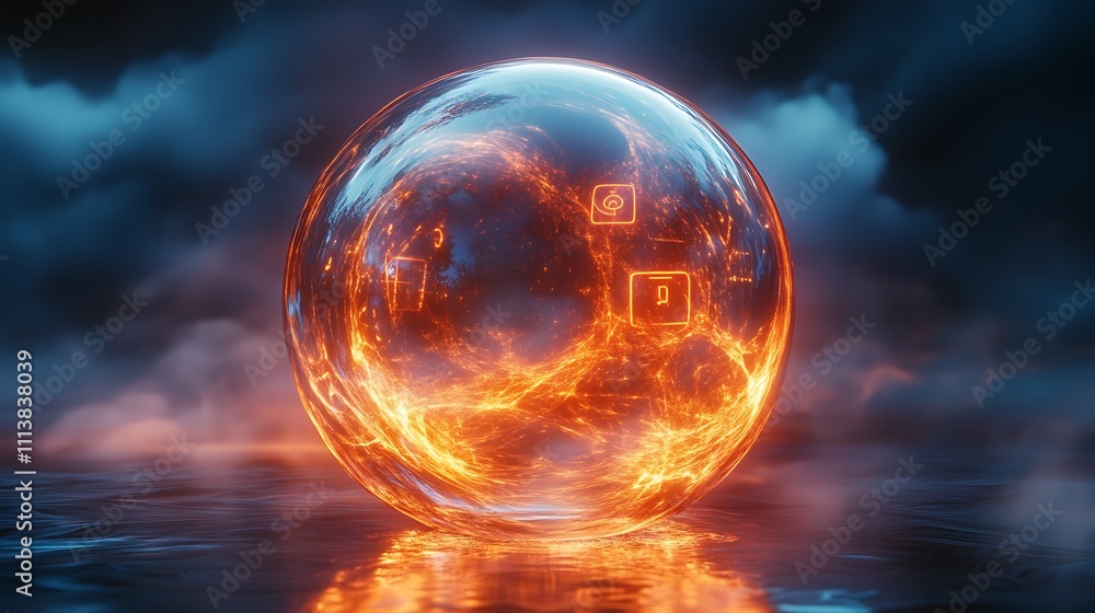 A glowing bubble with rotating abstract symbols inside and iridescent reflections on its smooth surface A glowing bubble with rotating abstract symbols inside and iridescent reflections on its smooth surface