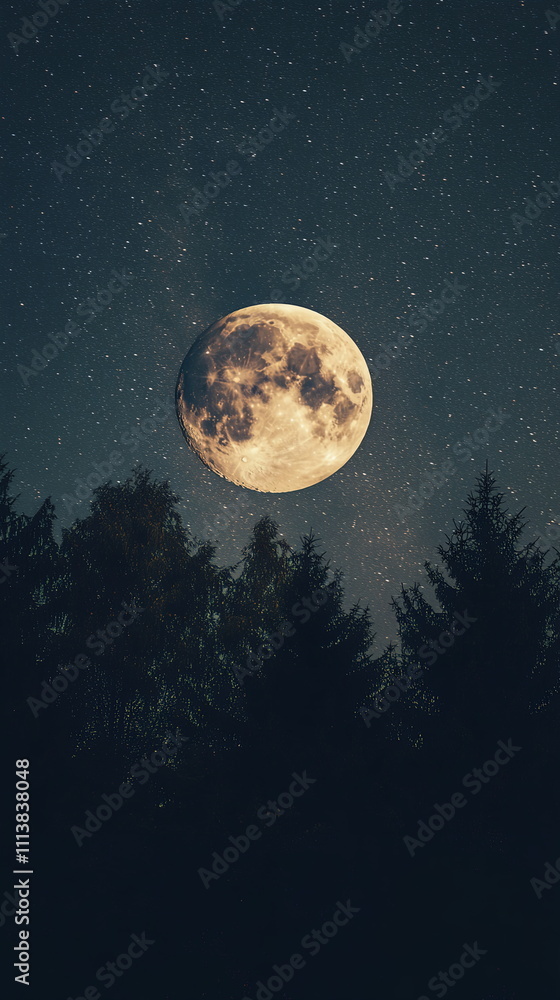 Starry night sky with a bright full moon casting a soft glow over a quiet forest, with trees silhouetted against the night Valentine's day vertical social media concept, photo footage stories reels Starry night sky with a bright full moon casting a soft glow over a quiet forest, with trees silhouetted against the night Valentine's day vertical social media concept, photo footage stories reels