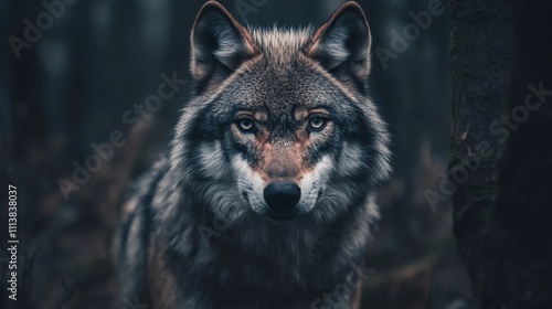 A wolf stares intensely at the camera from behind a dark forest.