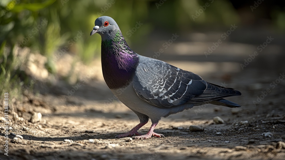 Portrait of a common pigeon, on a summer day, a pigeon walks on the ground. Portrait of a common pigeon, on a summer day, a pigeon walks on the ground.