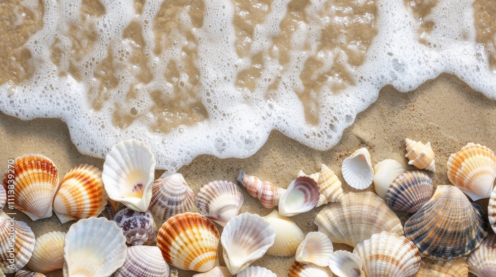 Beautiful Seashells Lying on the Sandy Beach with Gentle Waves Beautiful Seashells Lying on the Sandy Beach with Gentle Waves