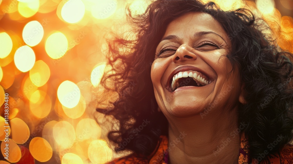 Joyful woman laughing against a backdrop of vibrant golden lights Joyful woman laughing against a backdrop of vibrant golden lights