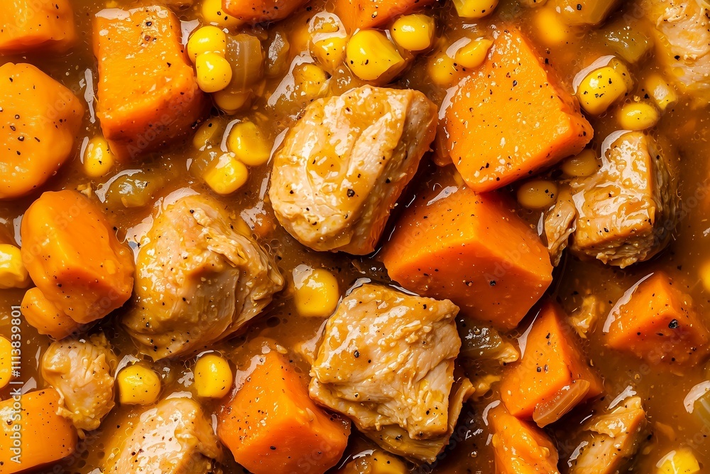 Savory Turkey Stew with Sweet Potatoes and Corn, Great for Representing Warm Dinner Inspiration. Savory Turkey Stew with Sweet Potatoes and Corn, Great for Representing Warm Dinner Inspiration.