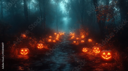 Jack-o'-lanterns illuminate a misty forest path.