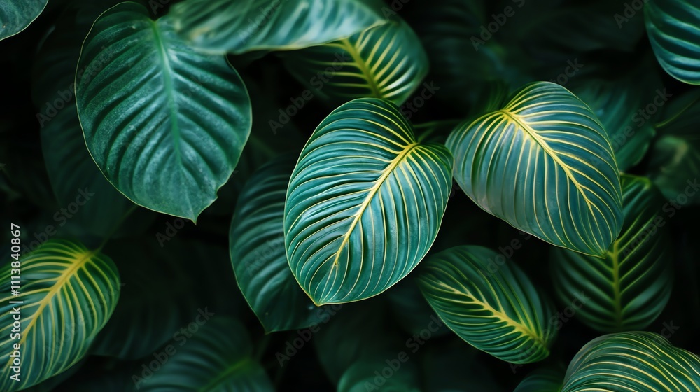 Close up of tropical foliage with green and yellow leaves.
