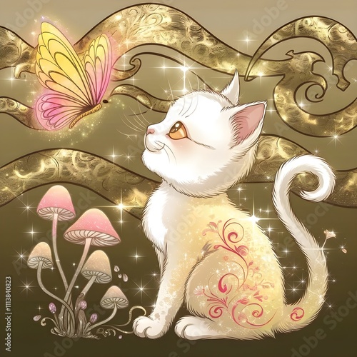 illustration depicts a cute, white-gold kitten in a side profile photo