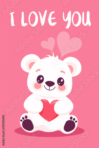 Valentine’s Day Love with a Baby Bear and Heart, Valentine’s Day Card, vector illustration