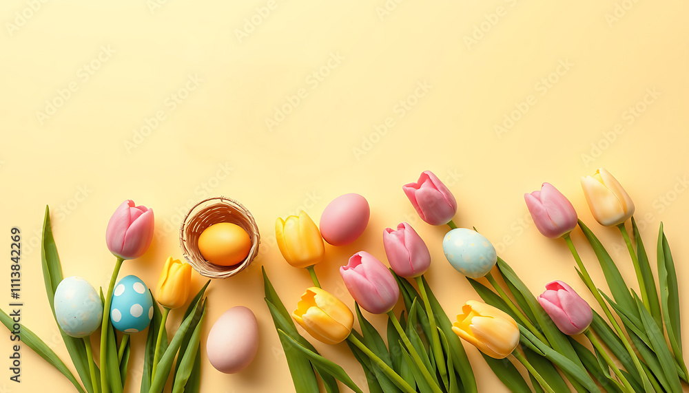 eggs with tulips flowers with copy space eggs with tulips flowers with copy space