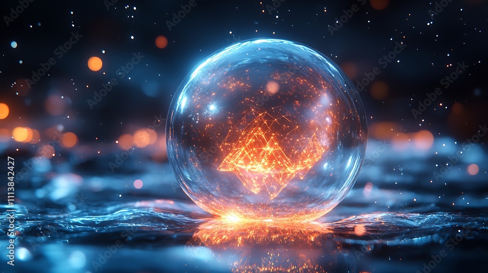 A futuristic bubble with internal rotating pyramids and refracted light beams passing through its transparent surface A futuristic bubble with internal rotating pyramids and refracted light beams passing through its transparent surface