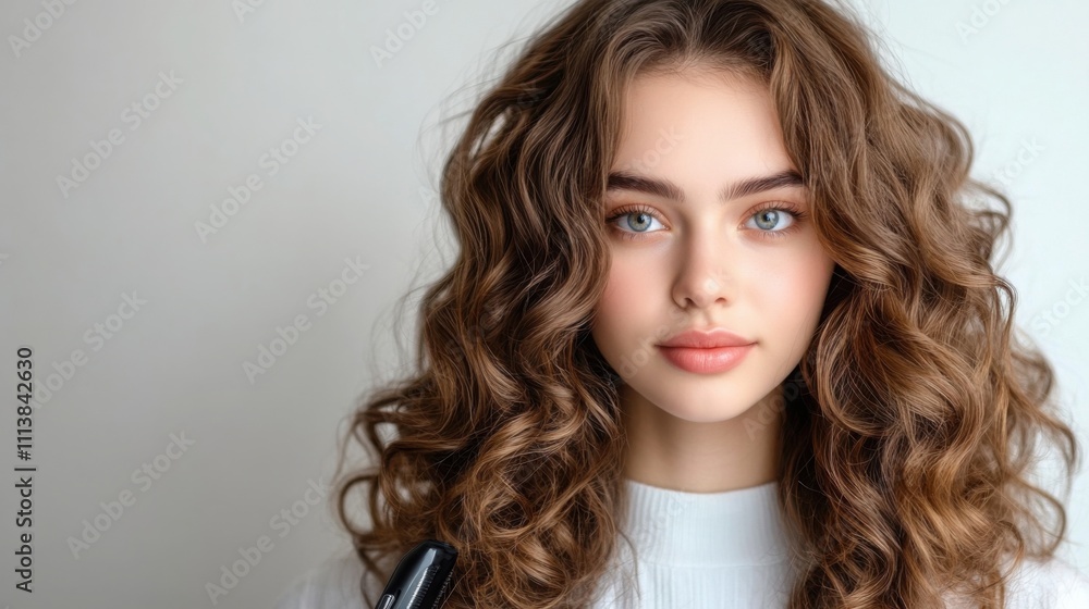 woman curling her hair with a professional curling iron, styled in a bright and modern bedroom woman curling her hair with a professional curling iron, styled in a bright and modern bedroom