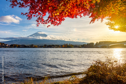 Sunset at lake Kawaguchi with mount Fuji in autumn, Fujikawaguchiko, Japan photo