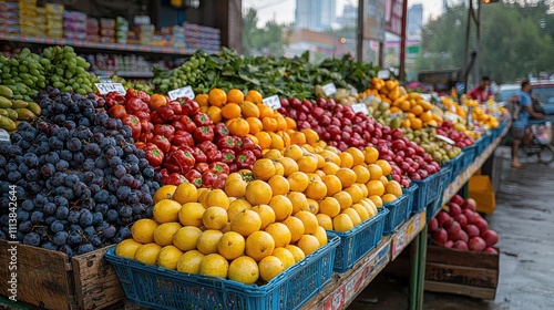 Vibrant fruit market brimming with fresh produce in a bustling urban setting at dawn