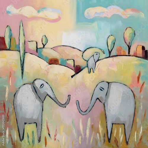 Abstract oil painting of a pastel-colored landscape with gray elephant figures