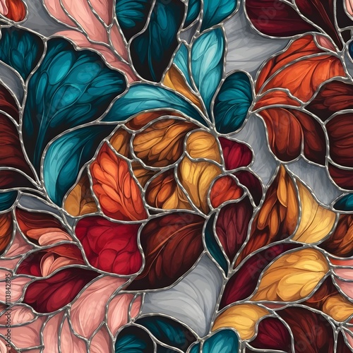 A vibrant, intricate floral pattern with stained glass and feather shapes. 