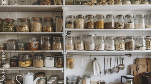 Wallpaper Mural A clean white pantry with neatly arranged jars and containers, creating a sense of order. Torontodigital.ca
