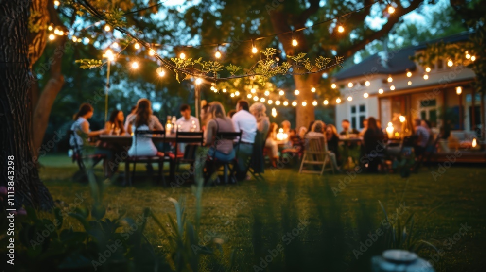 Fototapeta premium Evening Outdoor Gathering with String Lights and Guests Dining