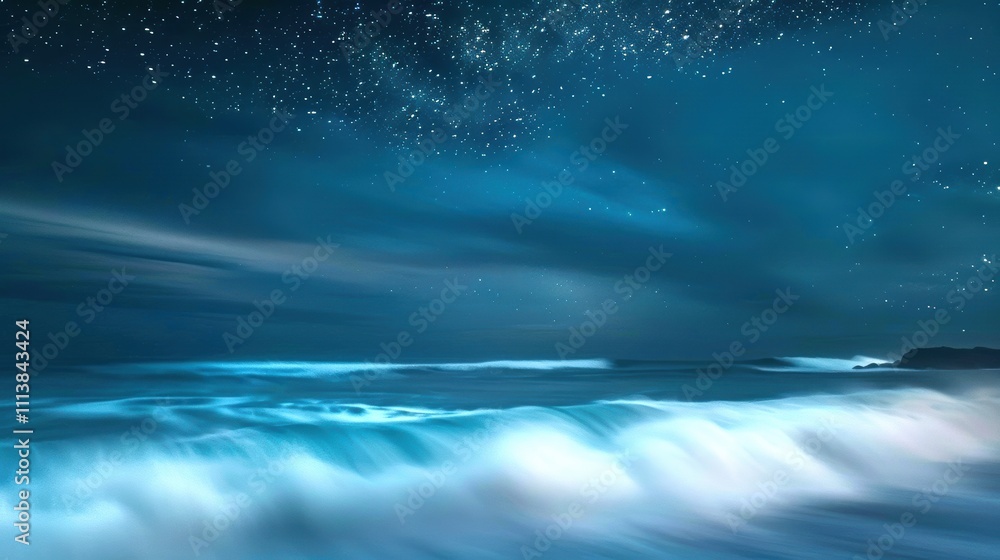 Fototapeta premium Ethereal Night Ocean Scene with Starry Sky and Gentle Waves