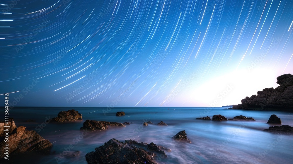 Naklejka premium Tranquil Seascape with Star Trails over Serene Night Sky