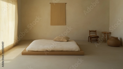 Minimalist Bedroom Featuring Wooden Platform Bed and Neutral Tones photo